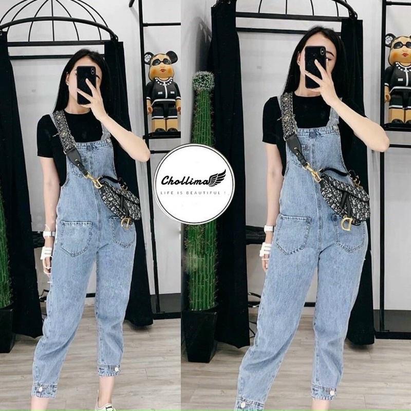 Quần yếm jean dài túi trang trí cute