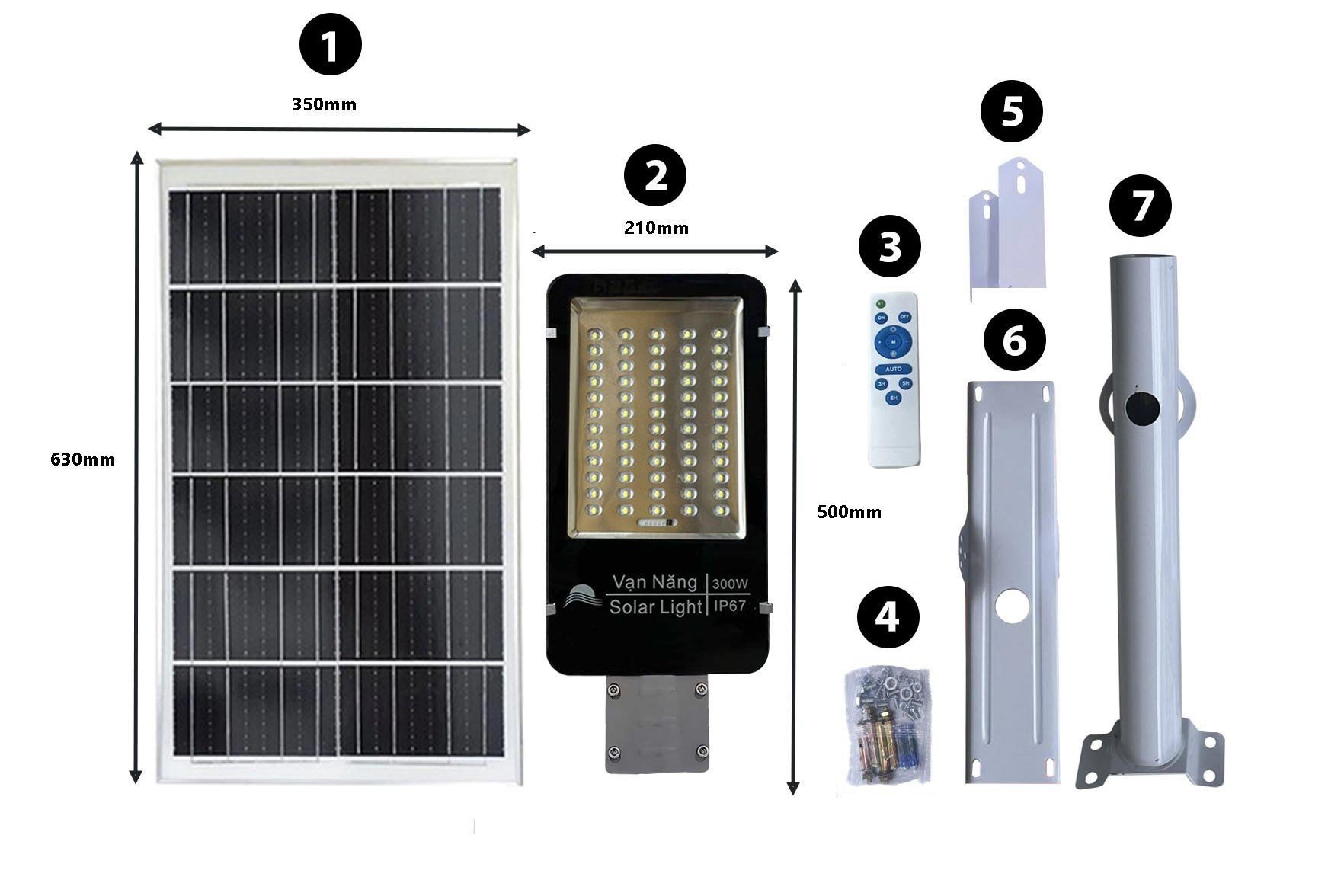 Đèn đường năng lượng mặt trời Vạn Năng 300W ( hạt led to gương cầu )