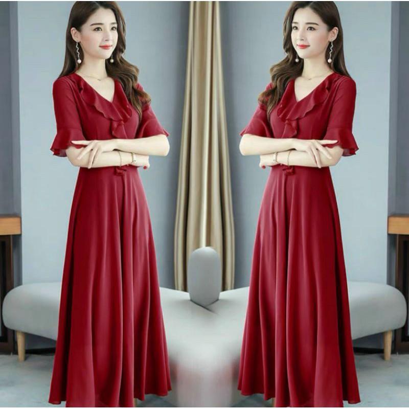 Đầm trung niên - Đầm xòe dự tiệc nhún bèo thắt eo 2 màu đỏ đen thanh lịch sang trọng