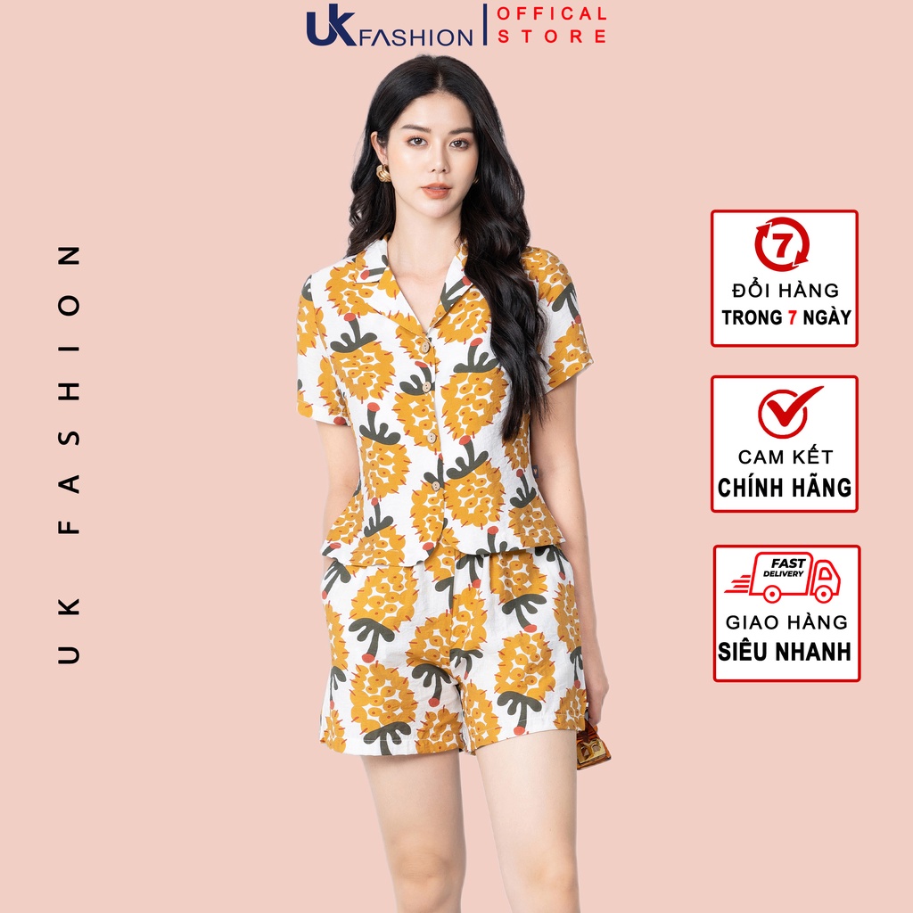 Set Bộ Áo Cổ Ve Kếp Hợp Quần Sooc Đi Biển UK Fashion Thiết Kế Họa Tiết Mùa Hè Mát Mẻ, Chất Liệu Đũi Cao Cấp NKBD2204004 - M