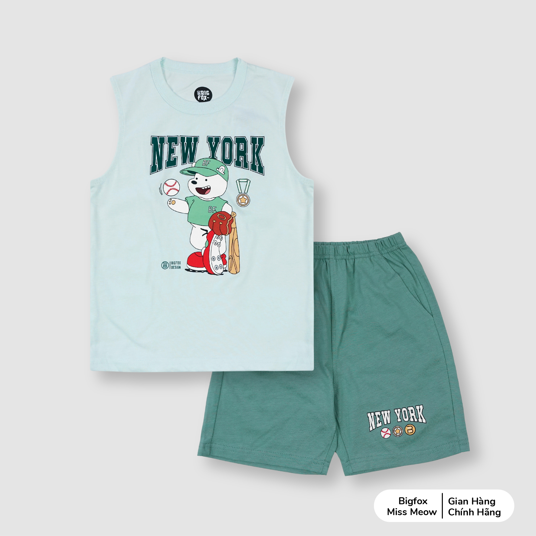 Bộ ba lỗ cho bé trai Bigfox Miss Meow chất cotton in Gấu size đại 3,7,9,11 tuổi 30kg 40kg