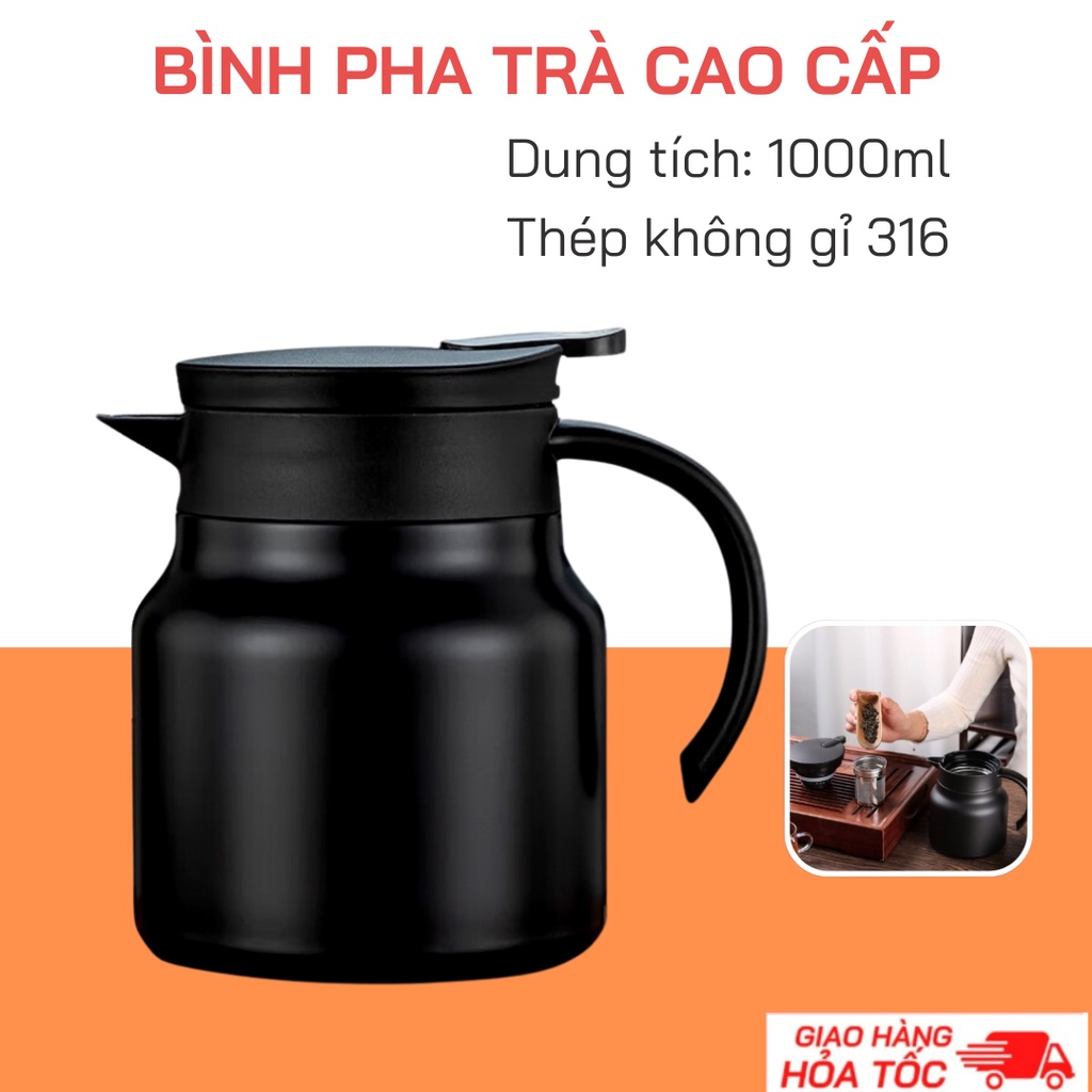 Bình giữ nhiệt đựng nước, trà, cafe thiết kế có lưới lọc trà inox - Ấm giữ nhiệt pha trà đặt bàn dung tích 1000ml thiết kế đẹp sang trọng