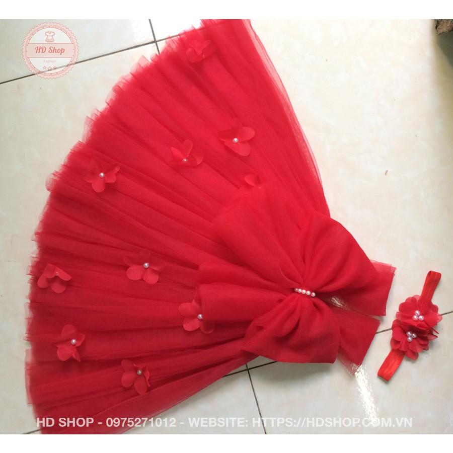 Váy công chúa đỏ nơ hoa dải cho bé yêu