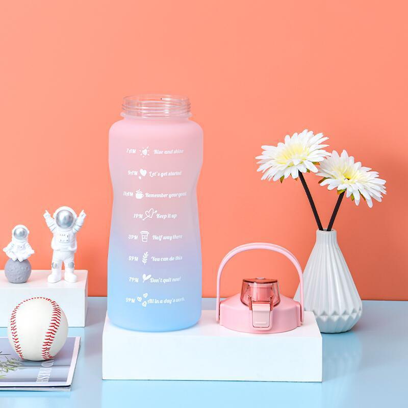Bình nước 2 Lít có vạch chia báo giờ uống nước - Bình đựng nước màu Gradient kèm ống hút và sticker dễ thương