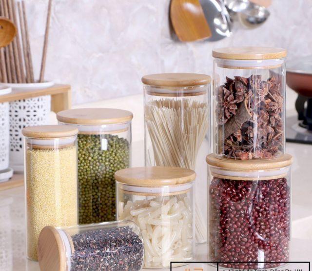 Bộ 7 lọ thủy tinh nắp gỗ cao cấp -