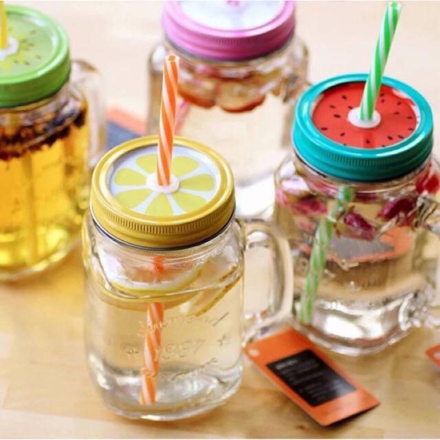 LY THUỶ TINH CÓ QUAI DẠNG LỌ VUÔNG, TRÒN CÓ NẮP VẶN 410ML ĐỰNG TRÀ SỬA, SINH TỐ, NƯỚC ÉP HOA QUẢ...