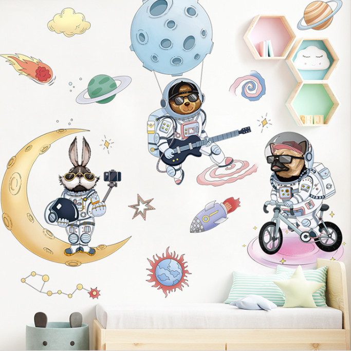 Decal trang trí tường - 2 Chú chó phi hành gia và chú thỏ trắng