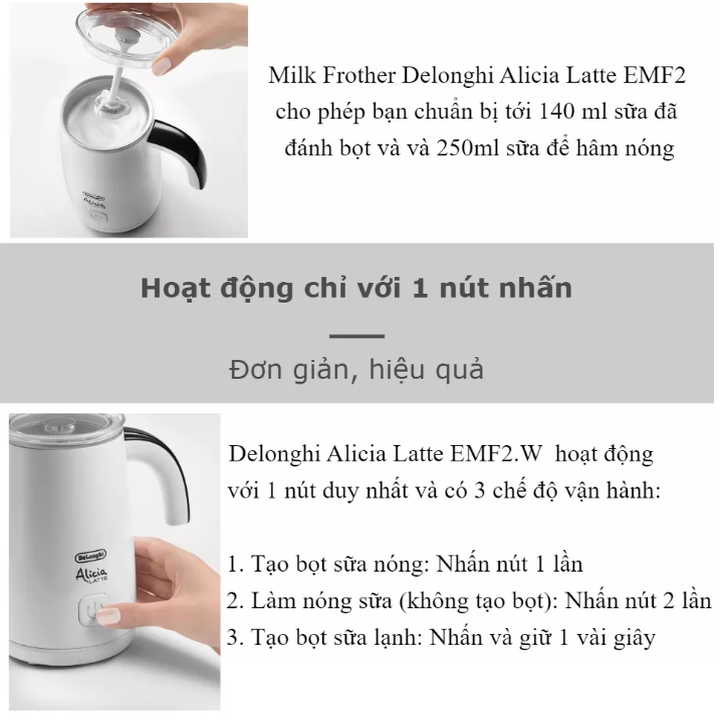 Máy tạo bọt sữa cao cấp Delonghi Alicia EMF2.W 250ml (500W) - Hàng Nhập Khẩu