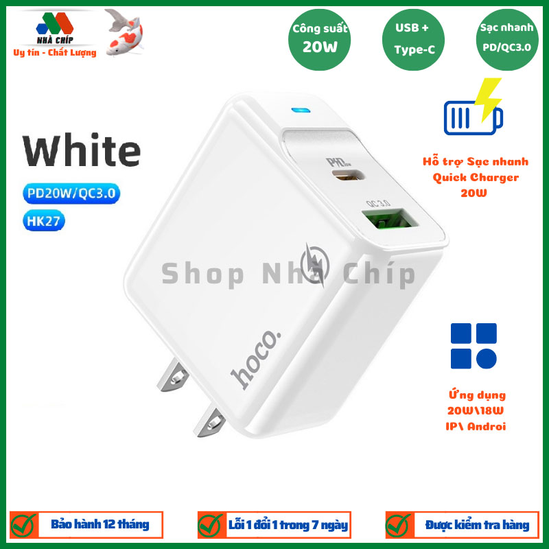 Cốc sạc PD20W Hoco HK27 chân dẹt cổng USB và Type-C , QC3.0 chất liệu chống cháy cao cấp - Hàng chính hãng