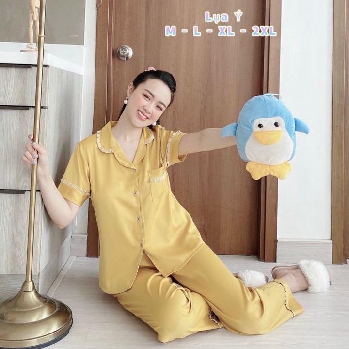 Bộ Pijama Lụa Ý Cao Cấp Quần Dài Tay Ngắn Phối Bèo Xinh Xắn Hàng Có Đủ SizeGiảm 10K Đơn 200K