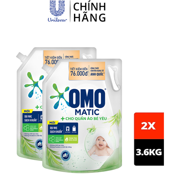 Combo 2 TúI Nước Giặt Omo Matic Cho Quần Áo Bé Yêu Chiết Xuất Tràm Trà Và Nha Đam Dịu Nhẹ, Sạsh Khuẩn , túi 3.6Kg