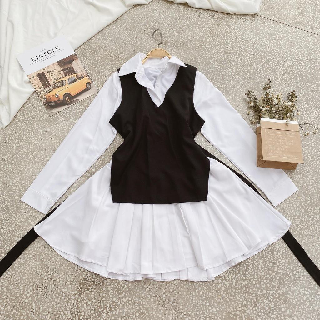 Set đầm sơ mi trắng đuôi cá + gile ngoài