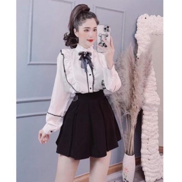 Áo sơ mi phối viền ren phối nơ_500 babydoll bánh bèo mầu trắng
