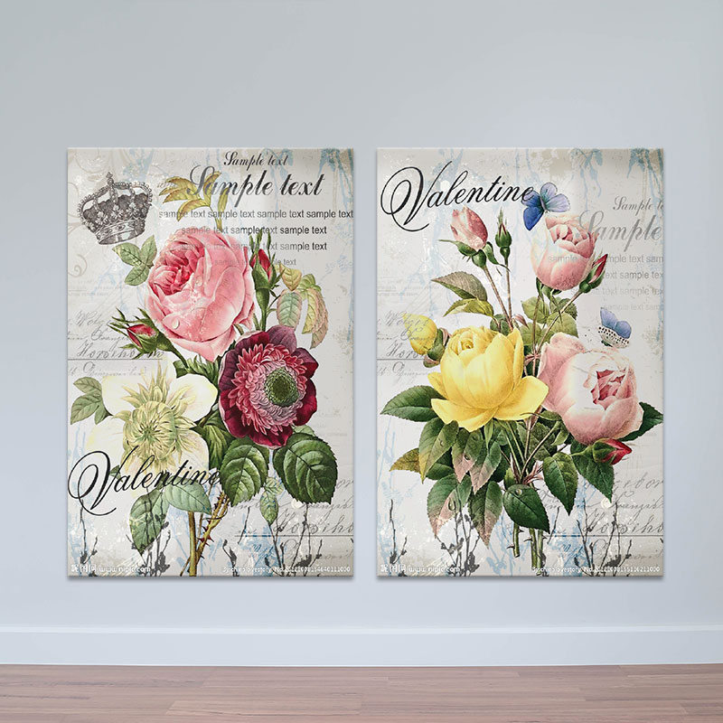 Bộ 2 tranh treo tường "Hoa valentine" | Tranh trang trí hoa lá W3429 Canvas Có Viền
