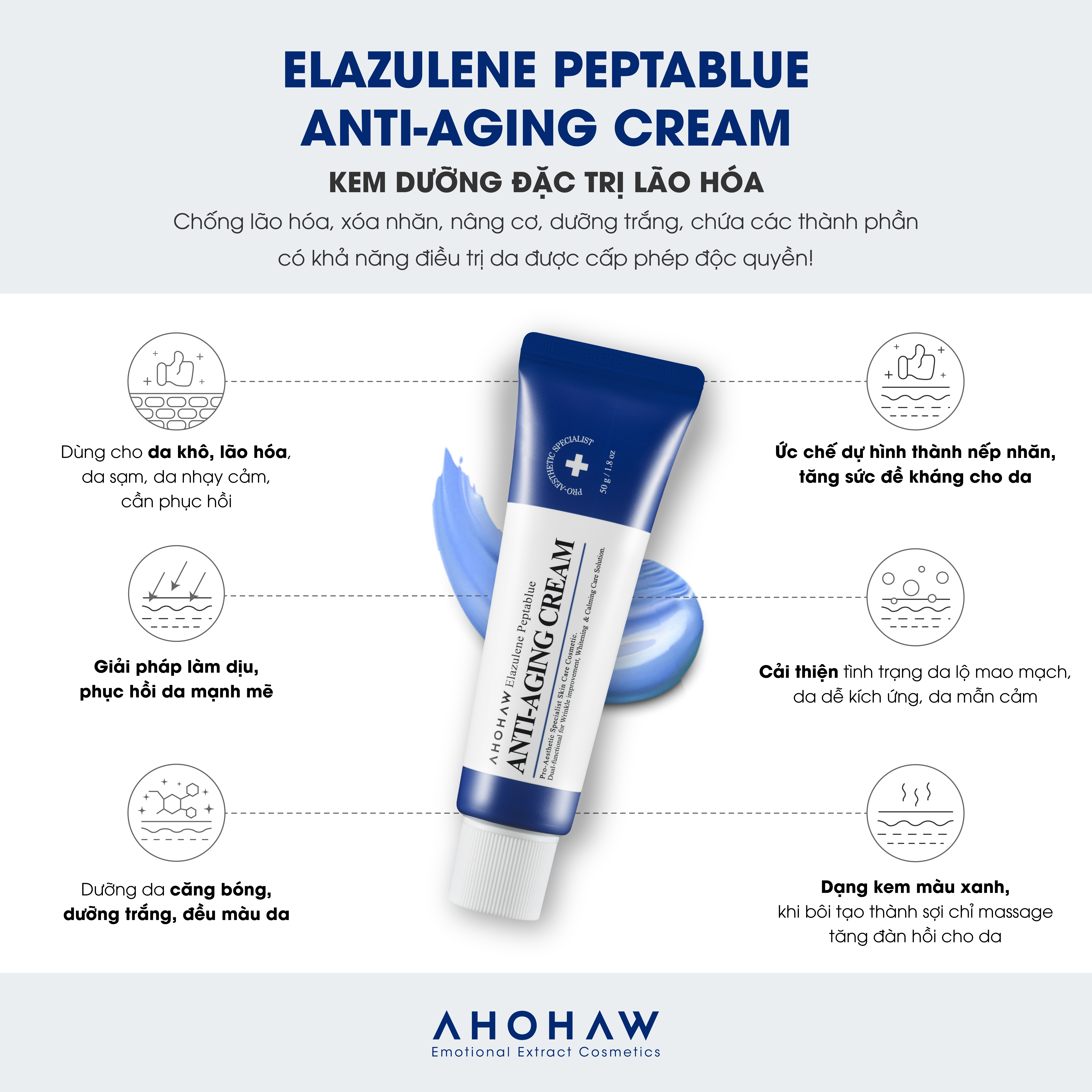 Kem Dưỡng Đặc Trị Lão Hóa, Xóa Nhăn Ahohaw Elazulene Peptablue ( 50gr ) - Hàng Chính Hãng