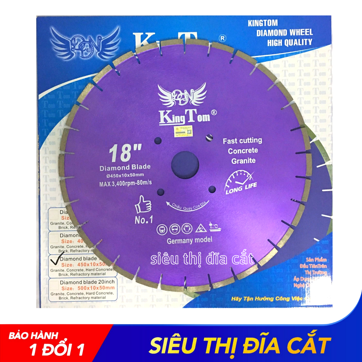 Lưỡi Cắt 450mm KingTom Tím Khô - Chuyên Bê Tông Cốt Thép, Đá Granite