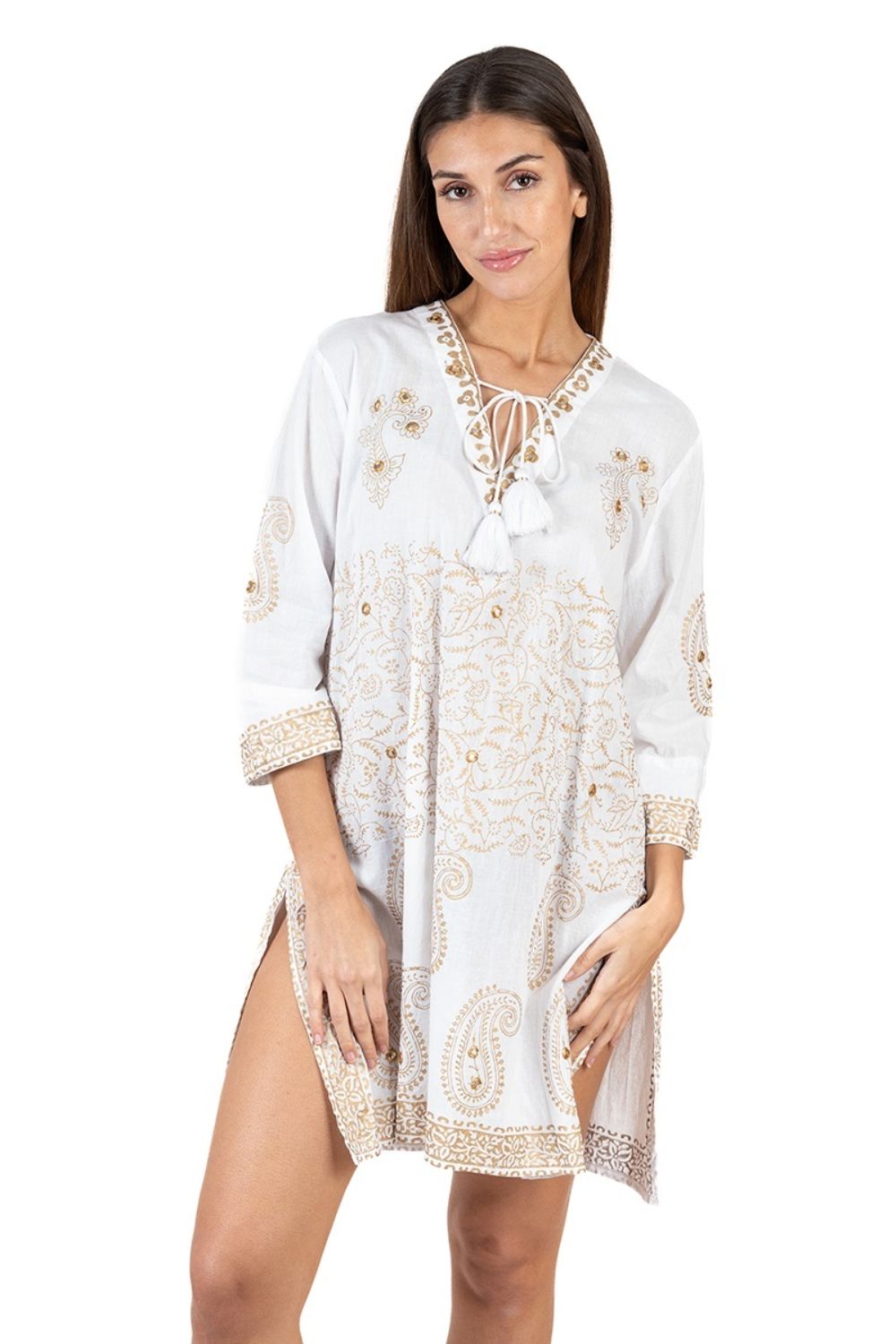 Đầm Trắng Xẻ Tà Vẽ Ánh Kim Cotton Isla Bonita