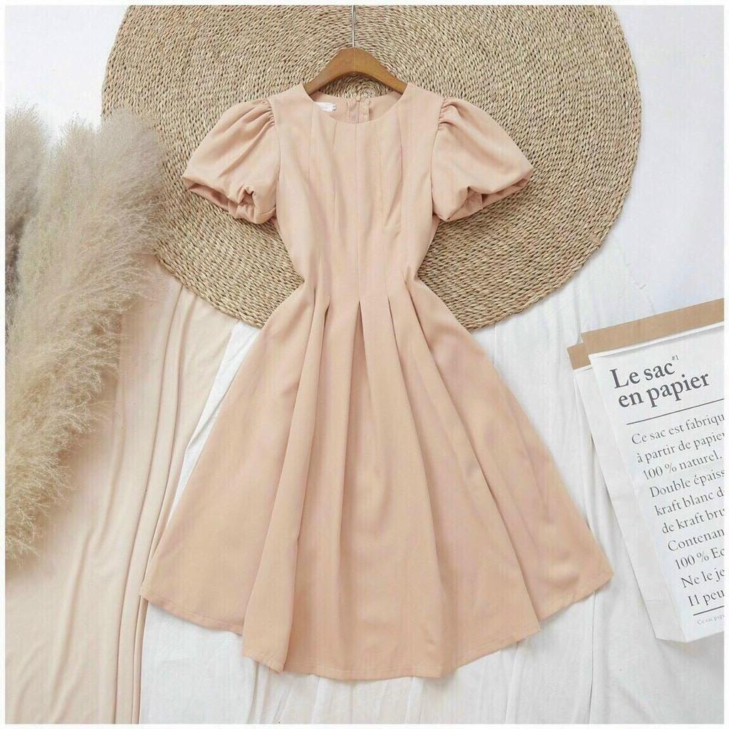 ĐẦM COTTON DỰ TIỆC CAM CỔ TRÒN TAY NGẮN PHỒNG DÁNG MAXI XÒE-hình thật shop chụp
