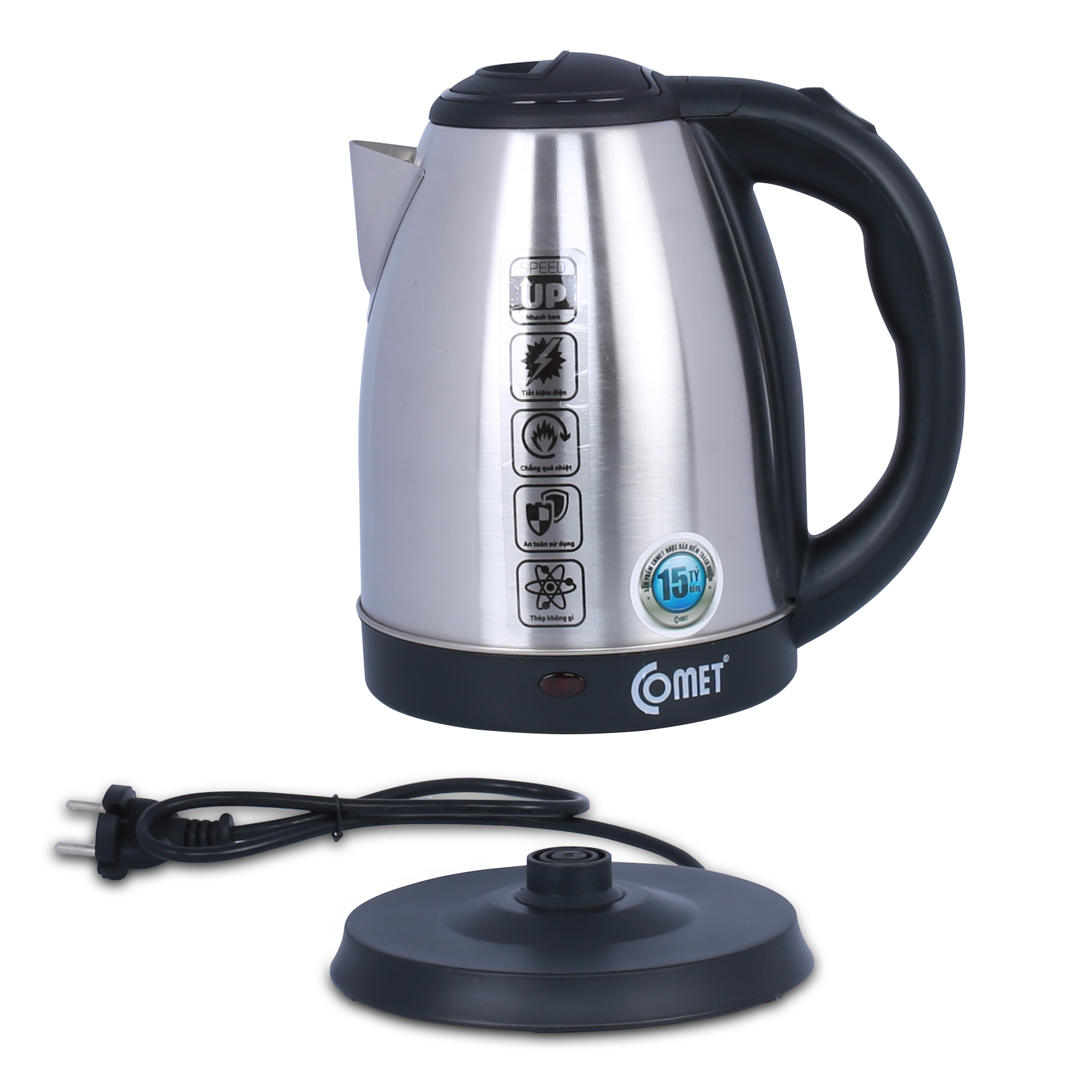 Bình đun siêu tốc Comet CM8219 – Dung tích 1.8L, công suất 1500W – Ruột inox 304 chống bỏng, tự ngắt an toàn – Hàng chính hãng bảo hành 12 tháng