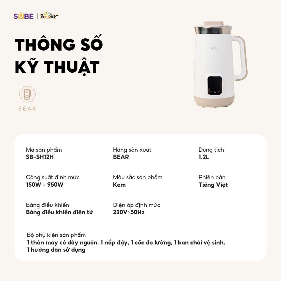 Máy Làm Sữa Hạt 1,2L Bear Máy Xay Nấu Đa Năng Máy Xay Sữa Hạt 10 Cánh Lưỡi Xay Nhuyễn Mịn Khử Trùng An Toàn SB-SH12H - Hàng Chính Hãng