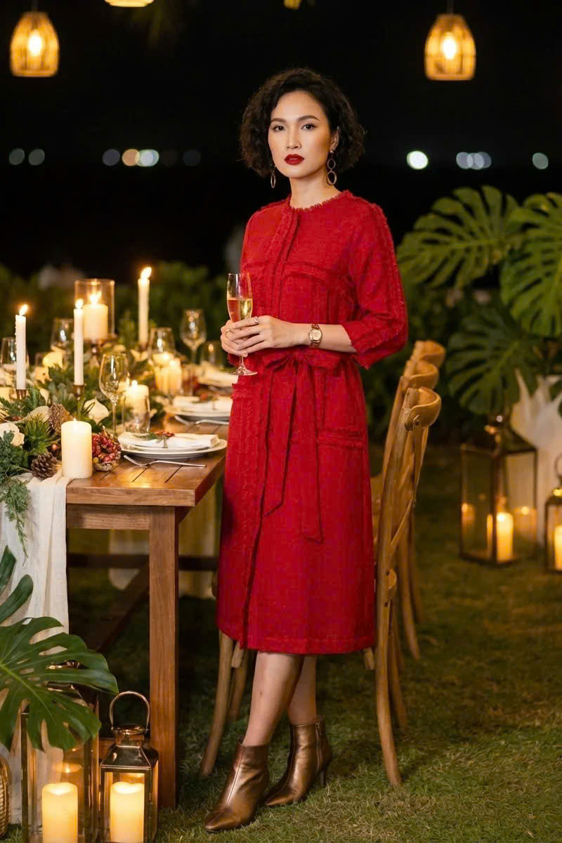 Đầm Suông Tua Rua Tweed Đỏ, Đầm Suông Thắt Eo Thanh Minh thời trang thiết kế Hity Dre201