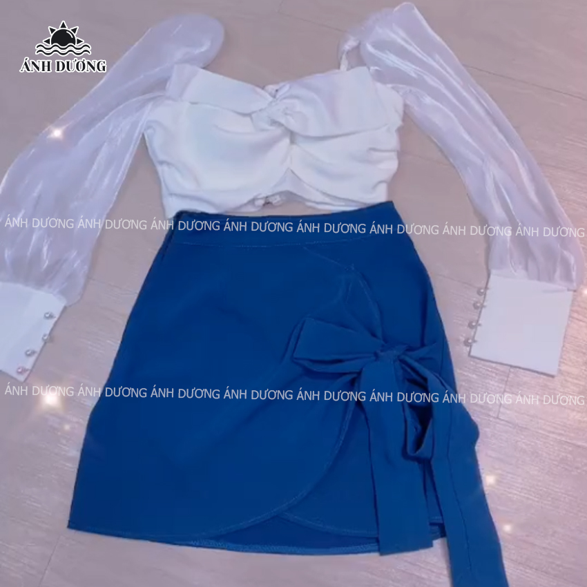 Set áo nơ phối voan tay và chân váy ôm màu xanh