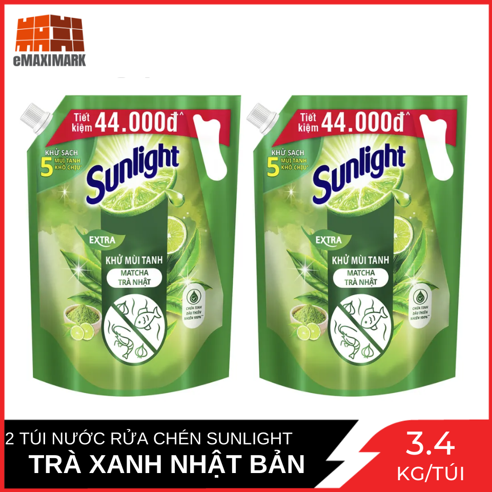 Combo 2 Túi Khổng Lồ Nước rửa chén Sunlight Extra Khử Mùi Tanh Matcha Trà Nhật Túi 3.4 Kg x2