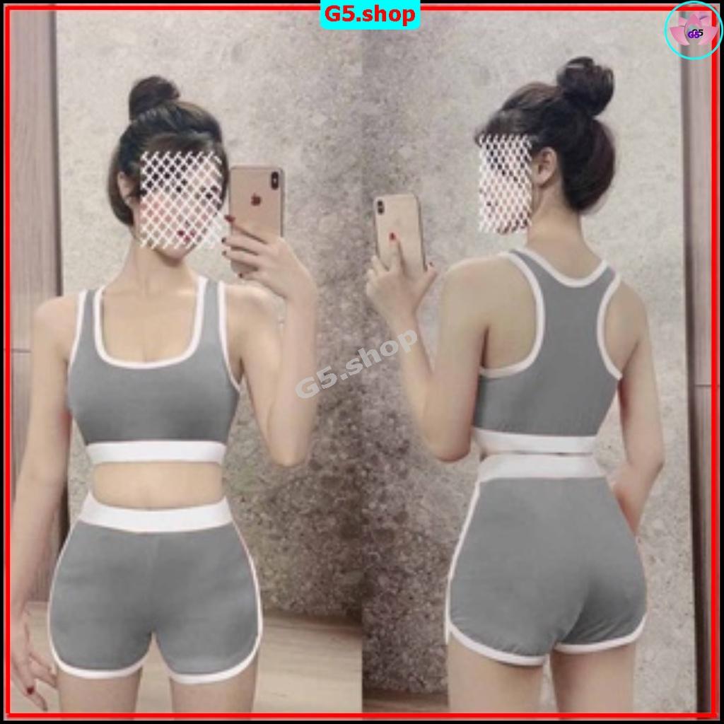 Bộ bra tập gym yoga earobic phối viền bo xiết eo kết hợp quần đùi cho nữ màu Xám Đen sét t