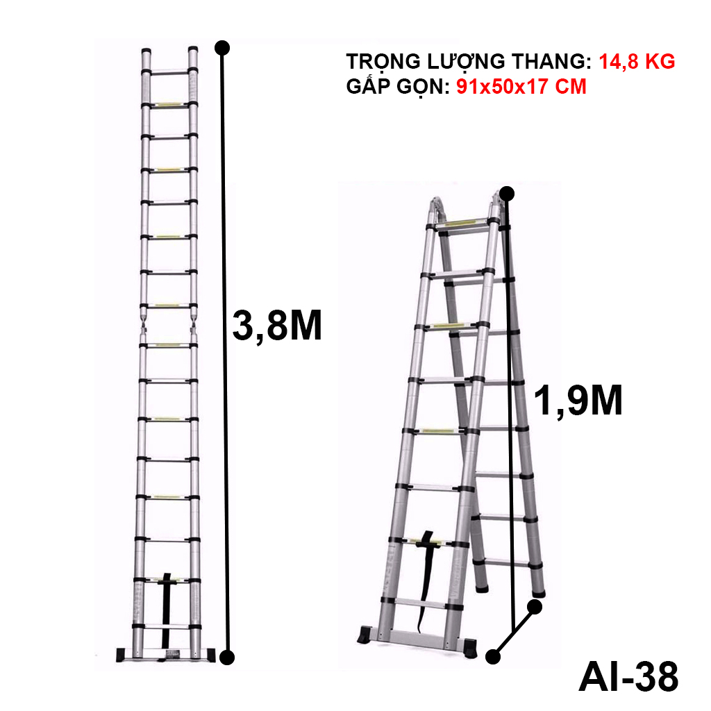 Thang Nhôm Rút Đa Năng 3m8 NKT-AI38E - Hàng Chính Hãng NIKITA - Công Nghệ Tiên Tiến Nhật Bản - Tiêu Chuẩn Châu Âu