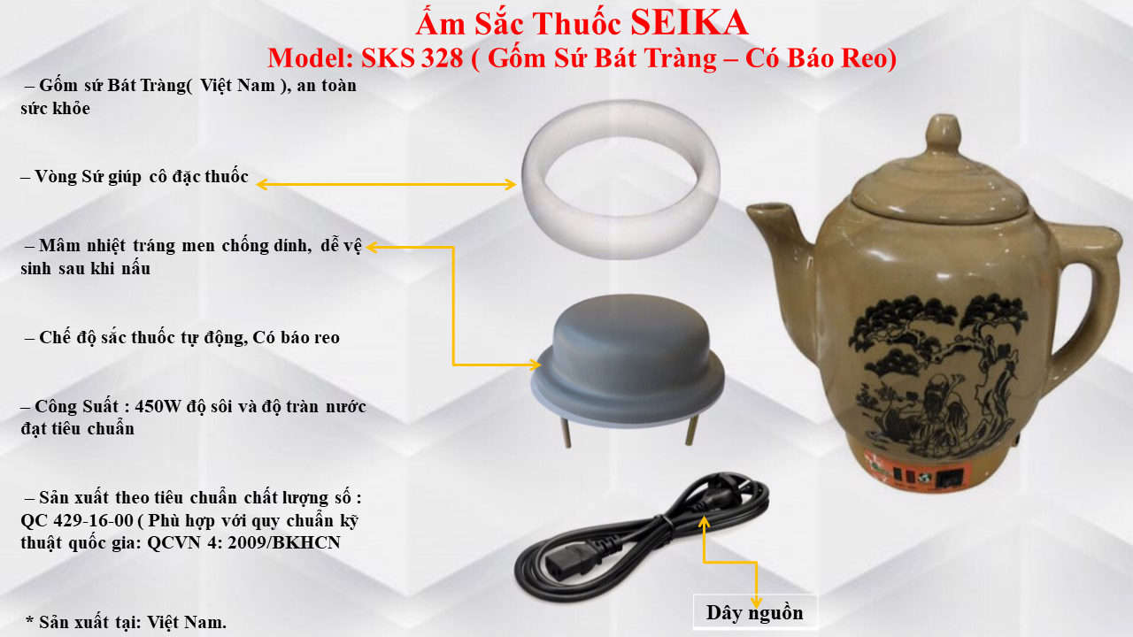 Ấm Sắc Thuốc Seika 3.2L - SKS328 (Gốm Sứ Bát Tràng) - Hàng chính hãng