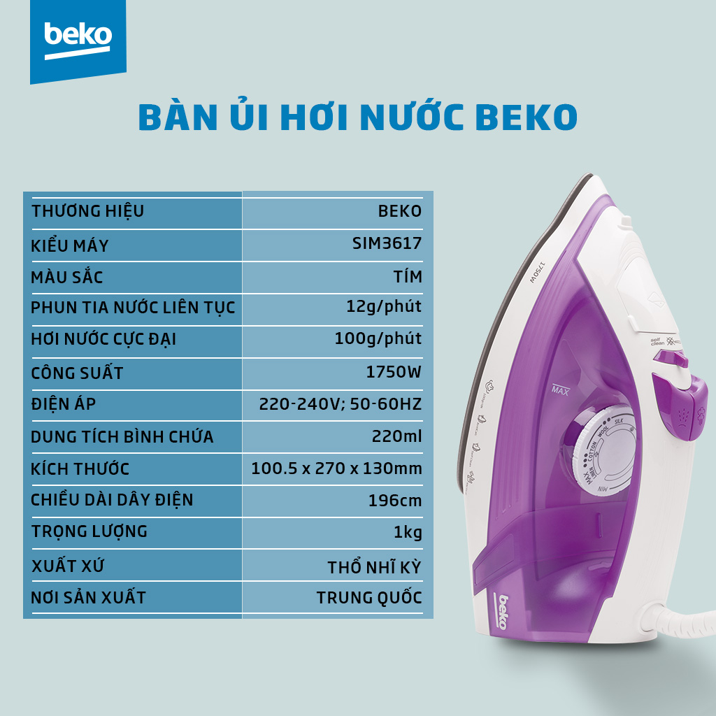 Bàn Ủi Hơi Nước BEKO Mặt Đế Phủ Lớp Chống Dính Ceramic SIM3617 – Hàng Chính Hãng