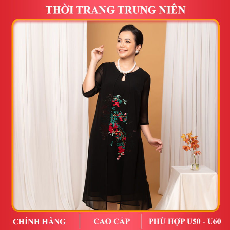 Đầm suông trung niên iDiva D14-05; chất liệu lụa thêu cao cấp, bigsize phù hợp u50 dự tiệc sang trọng