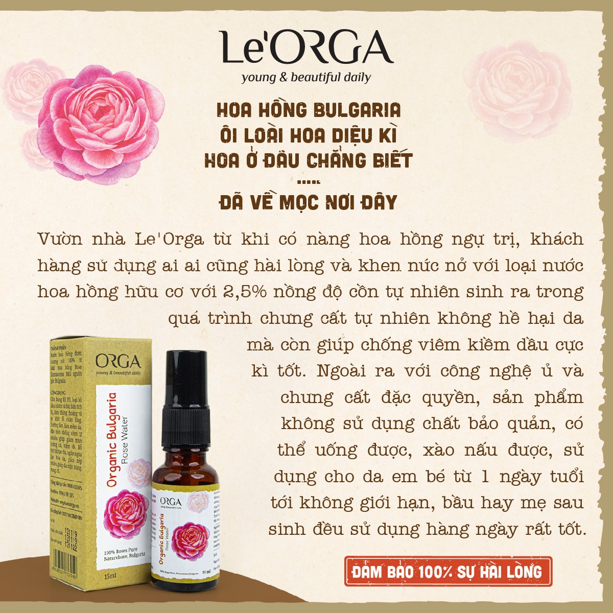 Nước Hoa Hồng Le'Orga - Toner Organic Bulgaria Cân Bằng Da Se Khít Lỗ Chân Lông 15ml