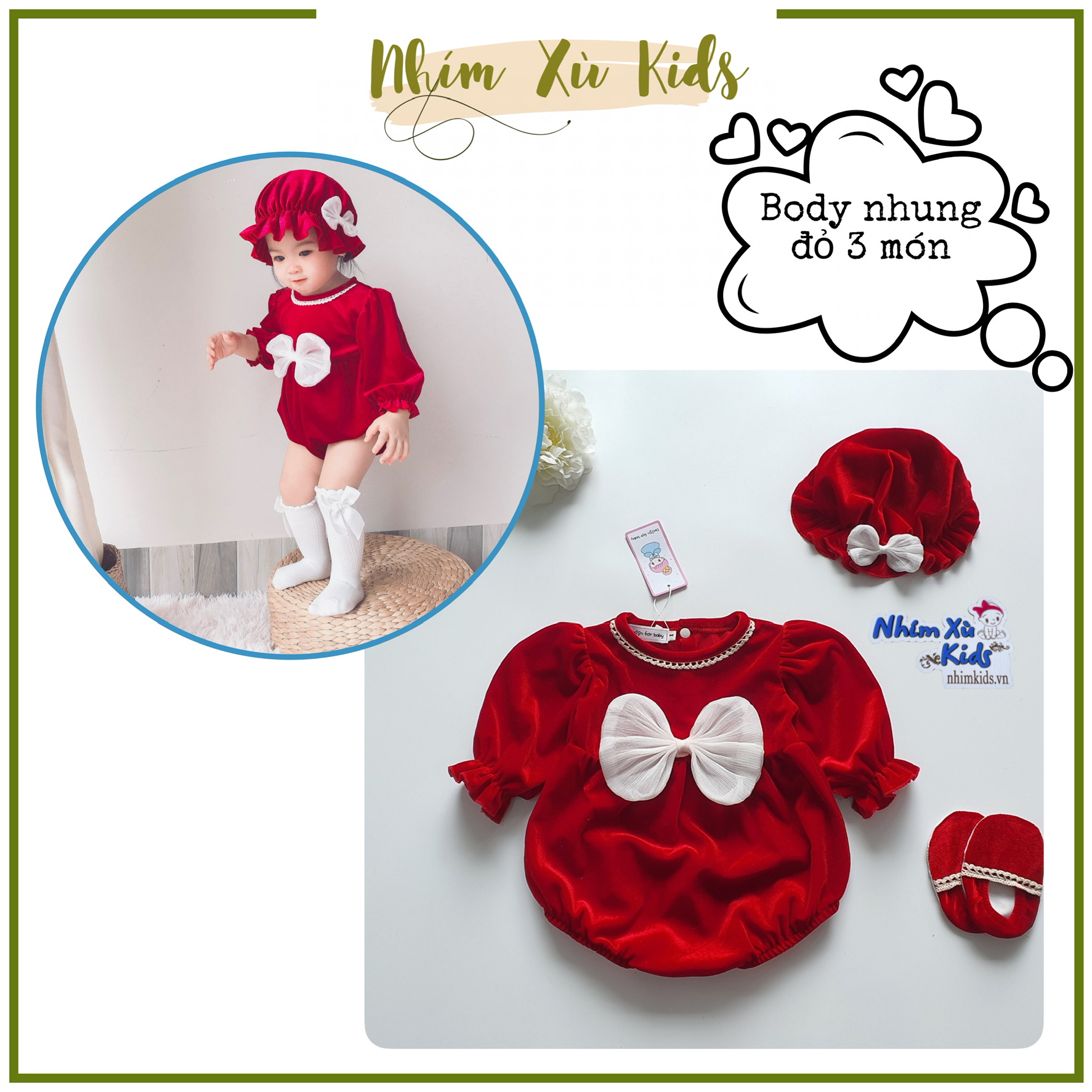 Body Nhung Đỏ Cho Bé Gái 3 Đến 12kg, Bodysuit Kèm Quà Tặng Nón Và Giày