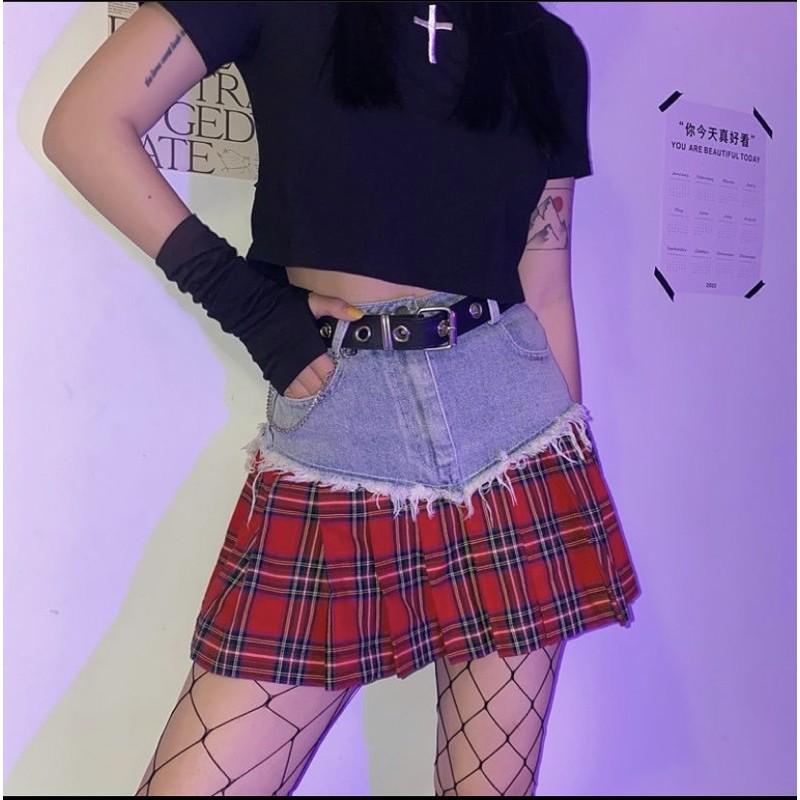 CHÂN VÁY JEANS PHỐI CARO CỰC CHẤT
