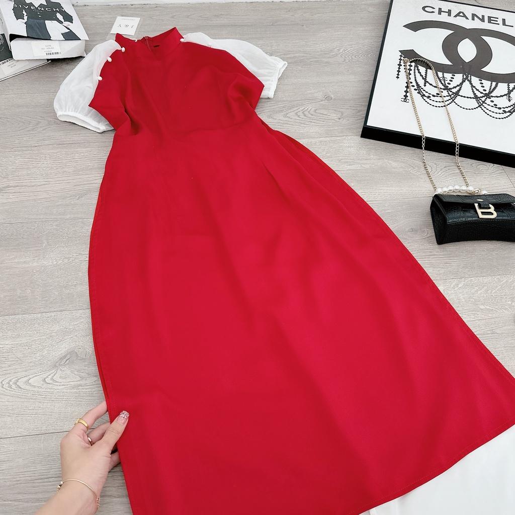 Áo dài tết nữ, áo dài cách tân màu đỏ tay phồng, hàng đẹp có đủ size từ S đến L, kiểu dáng đẹp, phom xinh tôn dáng