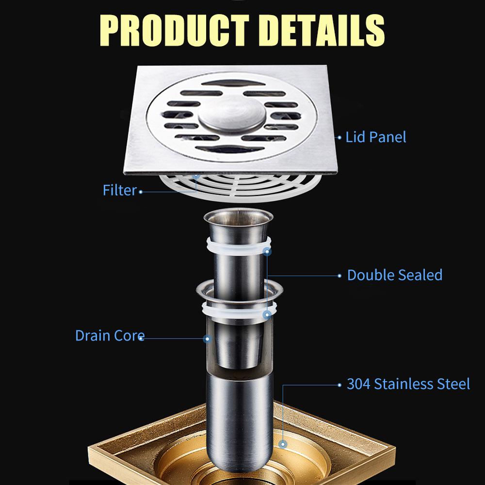 Ống thoát sàn nước sử dụng vật liệu inox 304 cao cấp, có lỗ thoát lớn, thiết kế ngăn chặn hiệu quả cặn bẩn chảy xuống cống.