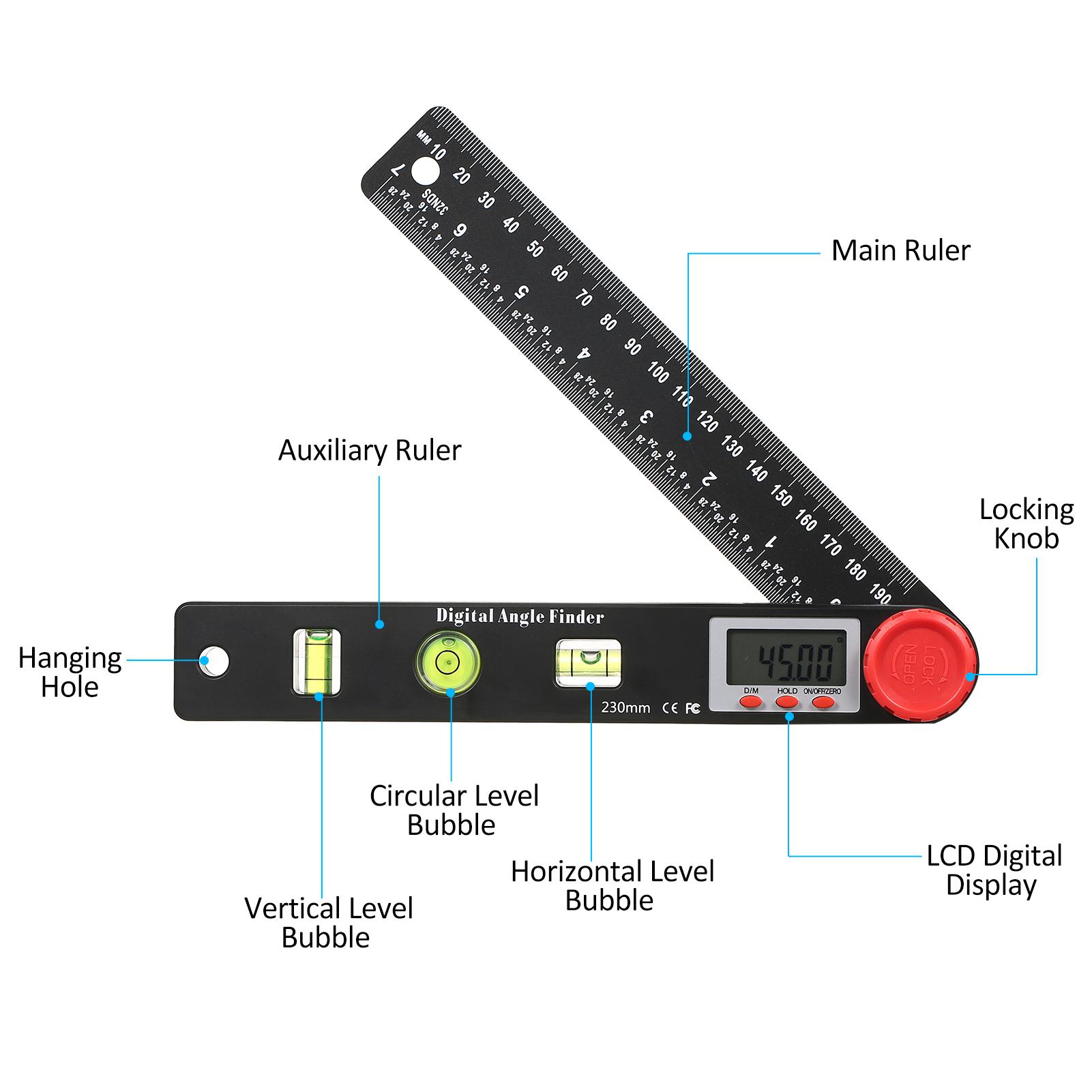 Digital Protractor Ruler Angle Finder, Protractor Ruler Level Tool, Multifunction Level Ruler 7 Inch, 3 Bubble Level Guage, Horizontal, Vertical Level Measuring with LCD Display