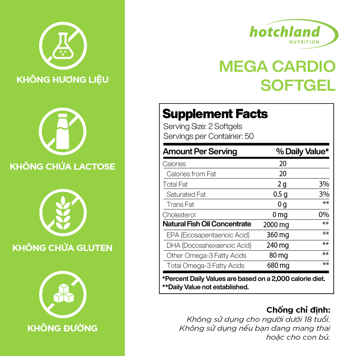 Viên uống dầu cá Omega 3 - Hỗ trợ bổ não, cải thiện thị lực, giảm Cholesterol, Hotchland MegaCardio-Hàng chính hãng -HL4578