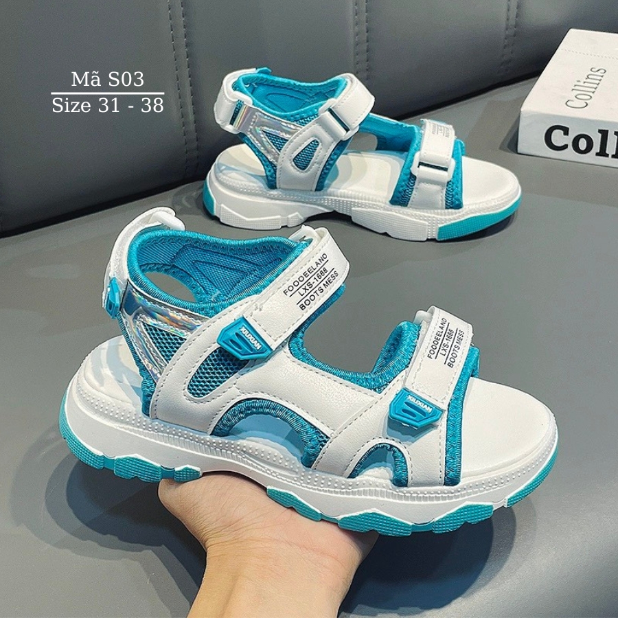 Dép Quai Hậu Bé Gái 6 - 12 tuổi  NHÍM SHOP màu trắng xanh quai ngang dáng thể thao êm chân chống trượt phù hợp trẻ em học sinh đi học, dạo phố, đi biển mùa hè S03
