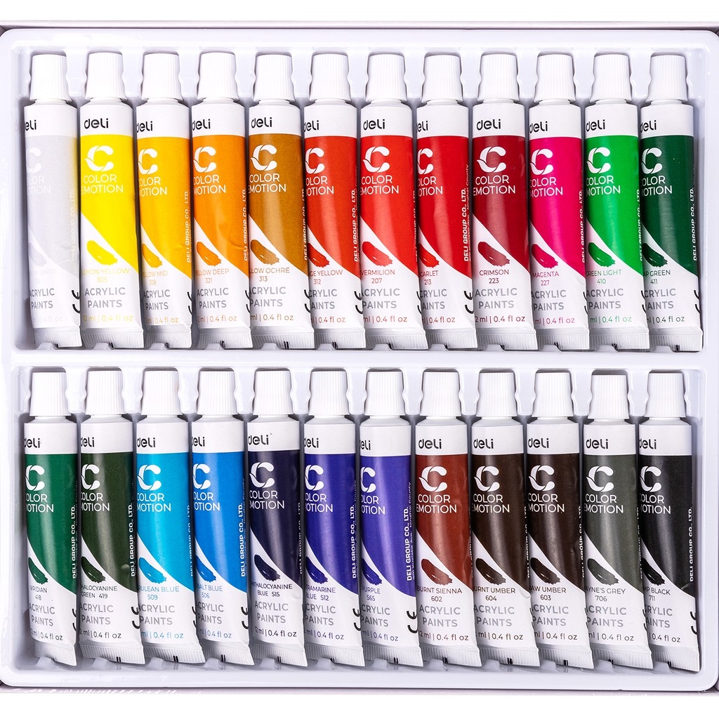 Màu Nước Acrylic Dạng Tuýp 12Ml Deli 51224 Màu - Tặng Kèm Pallete Pha Màu - 24 Màu