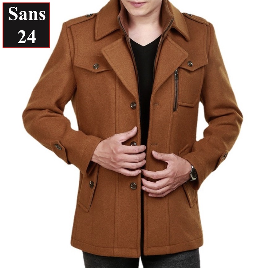 Áo khoác nam cao cấp Sans24 dạ len lông cừu ấm big size to đại 80kg 90kg 100kg màu đen nâu xám manto măng tô dáng ngắn