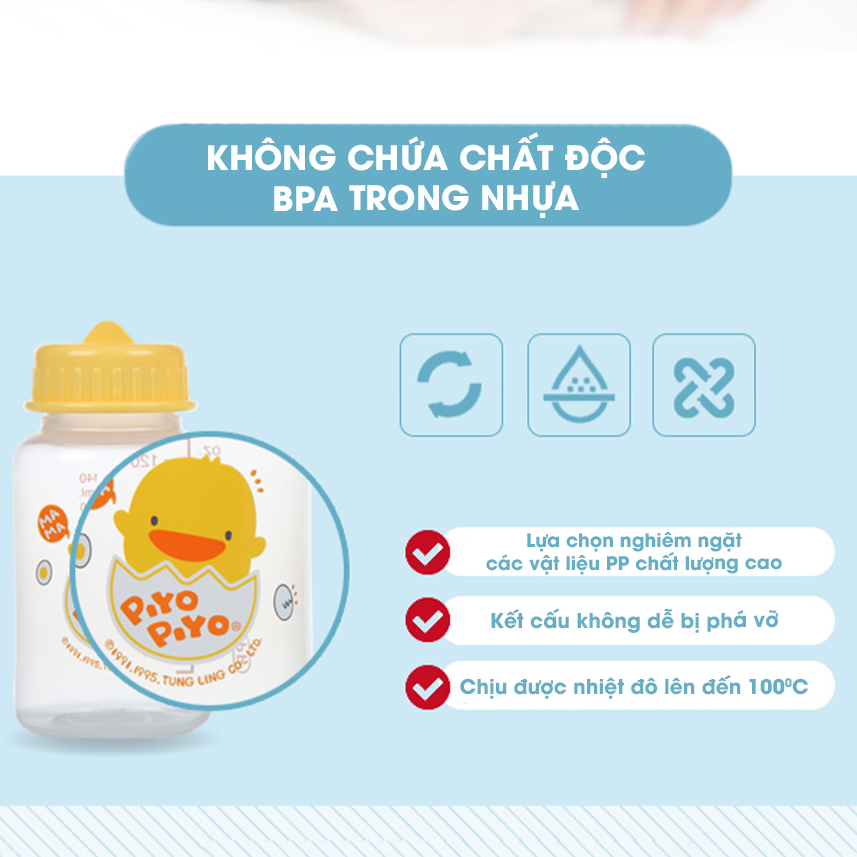 Bộ 3 bình trữ sữa 150ml Piyo Piyo, nhựa pp không chứa BPA