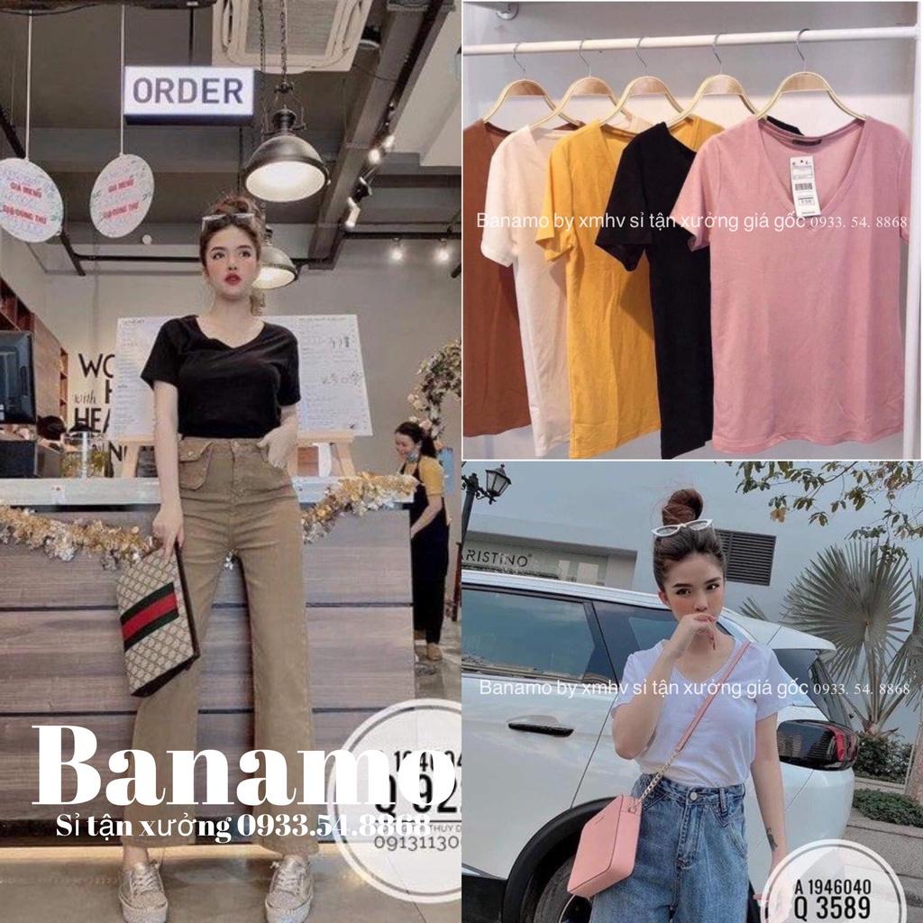 Áo phông giấy cổ tim chất đẹp nhiều màu đen trắng hồng vàng nâu thời trang Banamo Fashion 312a