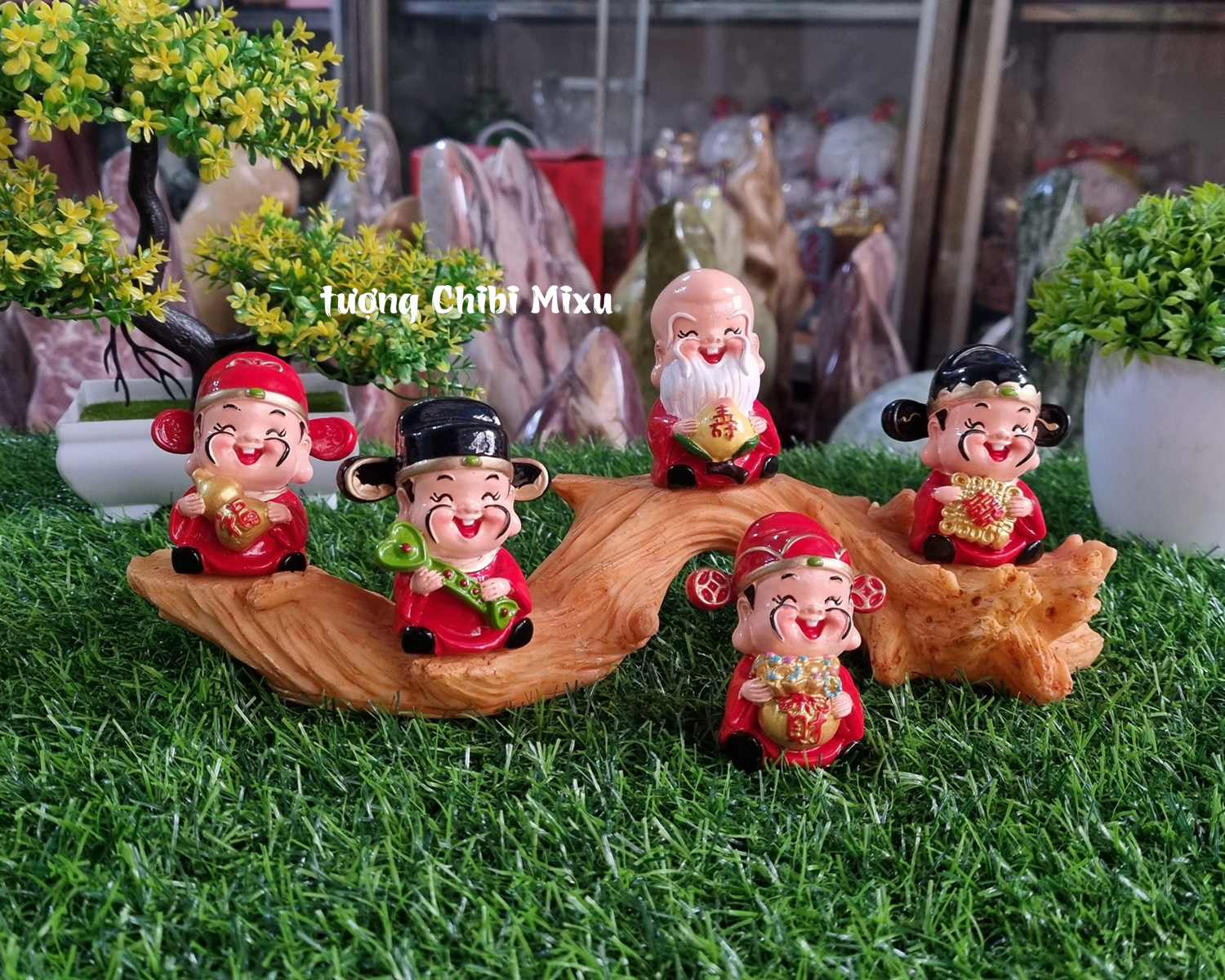 Bộ Ngũ Phúc 7cm kèm chân đế giả gỗ size nhỏ