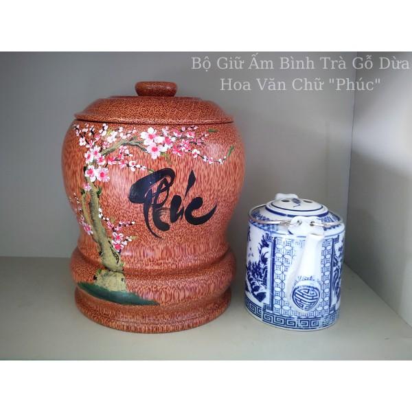Bộ Bình Trà Gỗ Dừa Có Chân Sang Trọng Vẽ Hoa Văn Lồng Chữ "Phúc"; "Lộc"; "Thọ" - Bình Trà 700 - 900ml