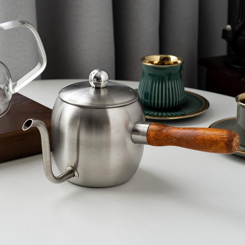 304 Stainless Steel Japanese Hand Brewed Coffee Pot 500Ml Mini Hand Brewed Coffee Pot with Wooden Handle True color