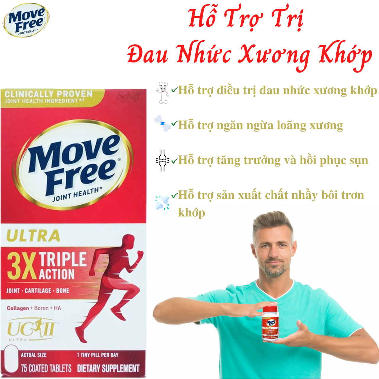 Hỗ trợ giảm đau nhức xương khớp Move Free Ultra 3xTriple Action Mỹ phòng loãng xương, tăng trưởng và hồi phục sụn, tăng chất nhầy khớp - Massel Official 75Viên/Hộp