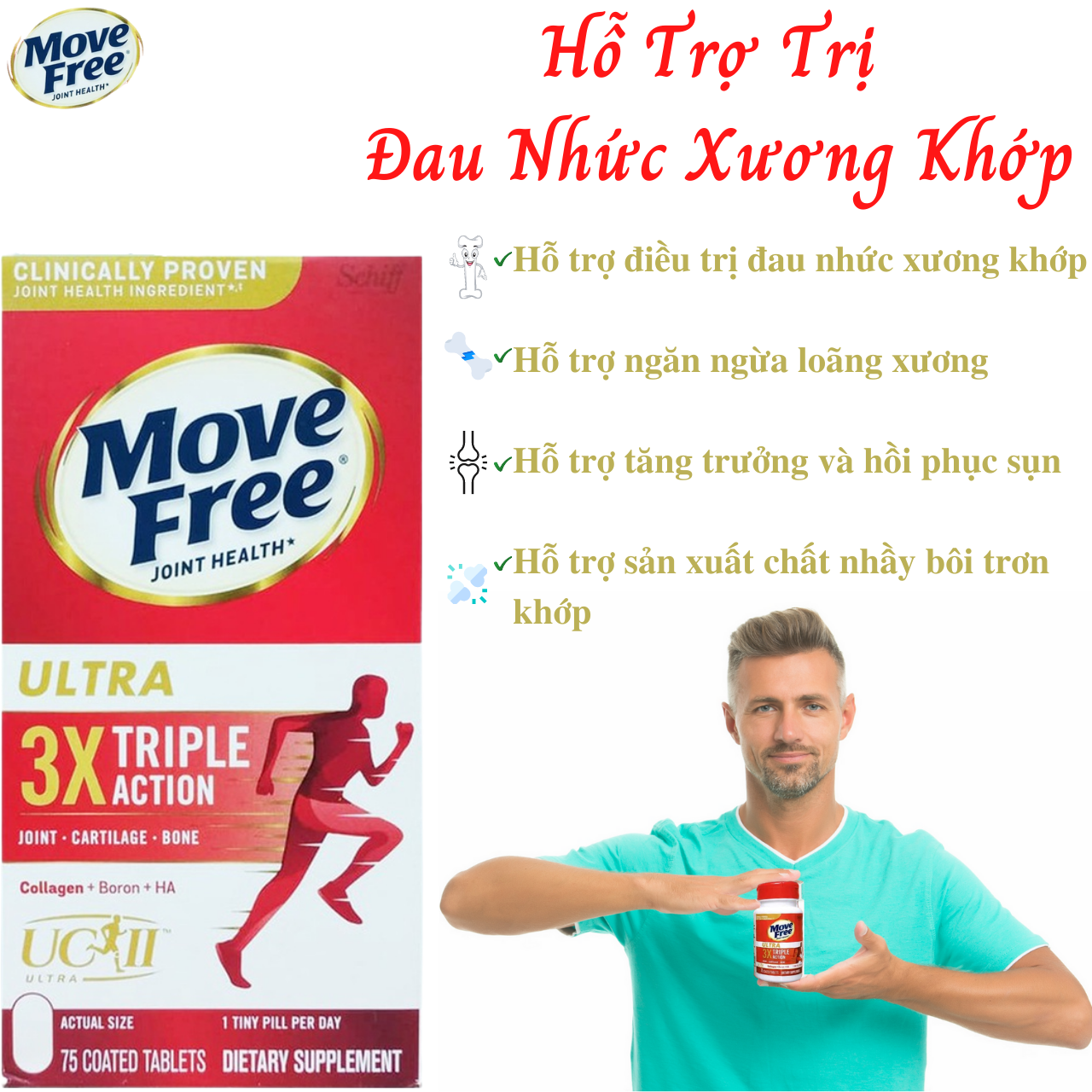 Hỗ trợ giảm đau nhức xương khớp Move Free Ultra 3xTriple Action Mỹ  phòng loãng xương, tăng trưởng và hồi phục sụn, tăng chất nhầy khớp - Massel Official 75Viên/Hộp