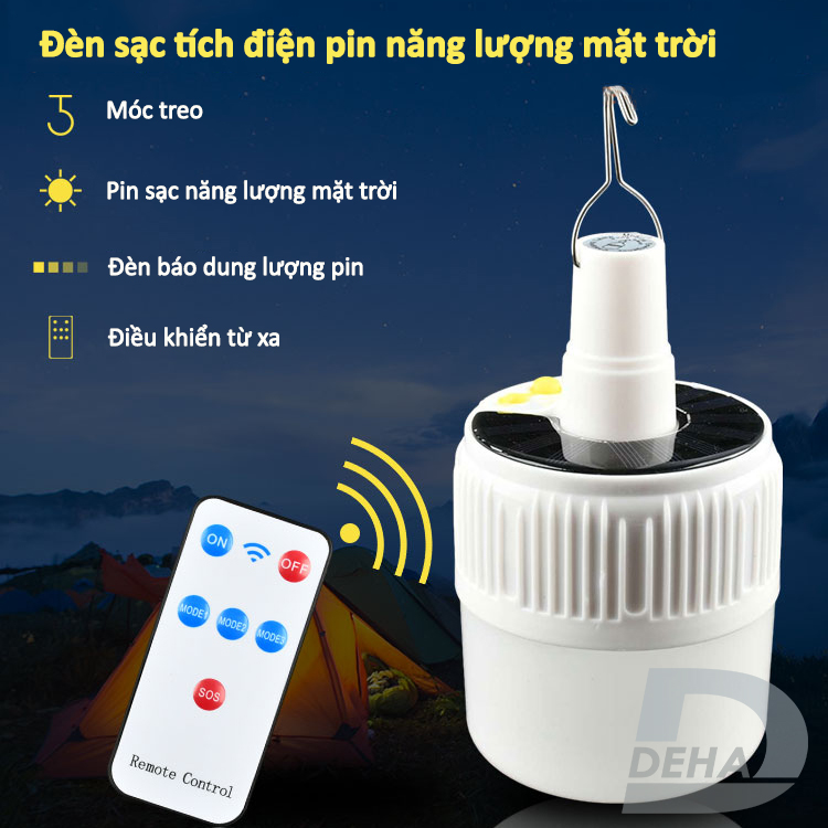 Bóng đèn Led sạc tích điện năng lượng mặt trời có móc treo, pin sạc dung lượng lớn, không cần dây điện, bulb chống nước, 100/150W chiếu sáng du lịch, cắm trại camping, quầy hàng, câu cá, sửa xe - Chính hãng DEHA